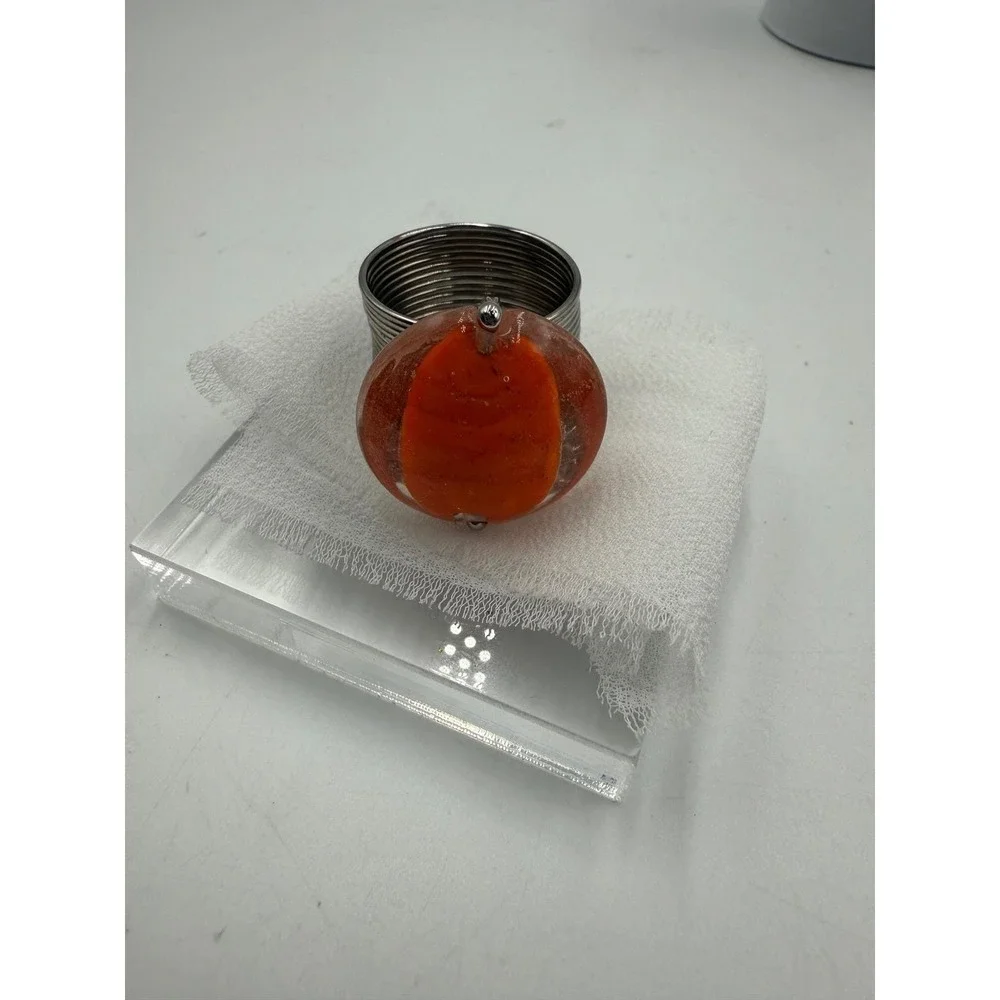 Orange Glass Cabochon Statement Ring Silver Tone‎ Coiled Wire Band Size 9.5
